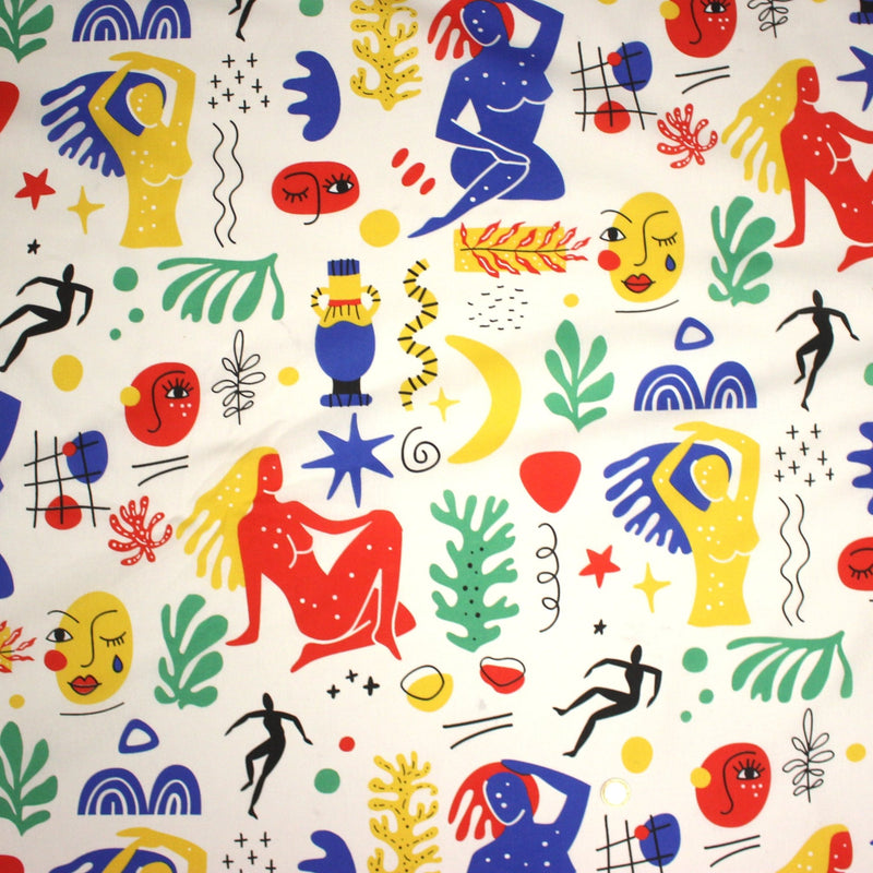 Tissu coton grande largeur 280cm, motif MATISSE très coloré, bleu, jaune, rouge, vert, fond blanc - TissusPapi.com