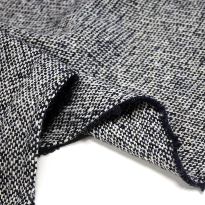 Tissu Tweed de laine faux-uni blanc cassé et bleu marine - Fabrication italienne