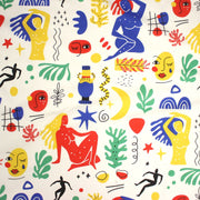 Tissu coton grande largeur 280cm, motif MATISSE très coloré, bleu, jaune, rouge, vert, fond blanc - TissusPapi.com