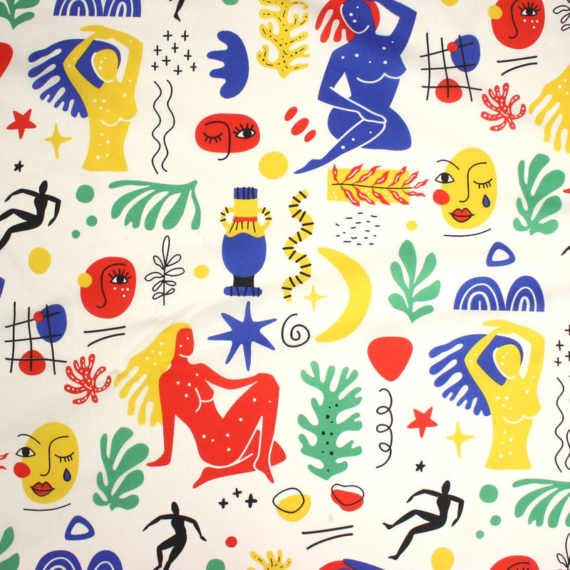 Tissu coton grande largeur 280cm, motif MATISSE très coloré, bleu, jaune, rouge, vert, fond blanc - TissusPapi.com