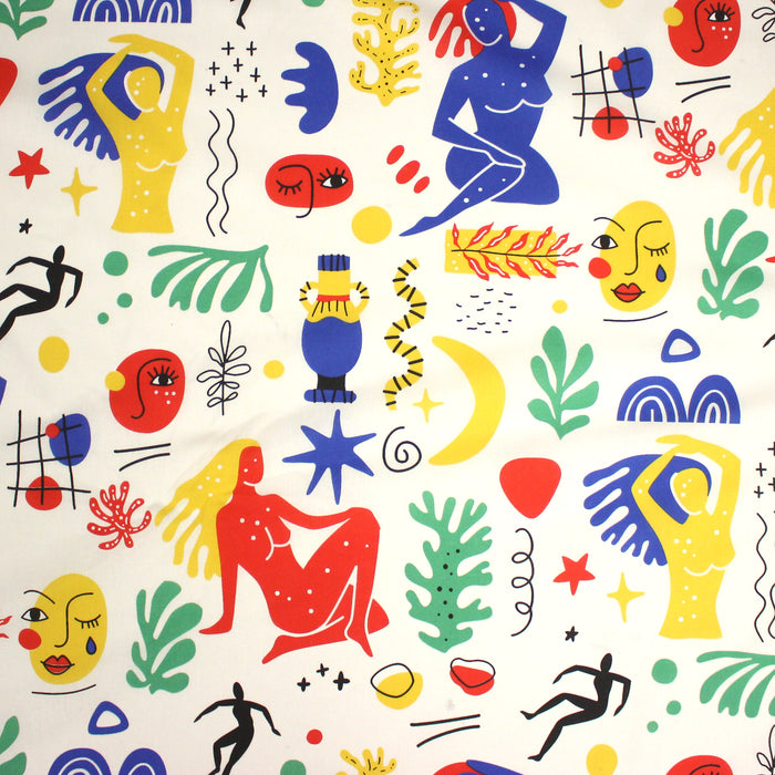 Tissu coton grande largeur 280cm, motif MATISSE très coloré, bleu, jaune, rouge, vert, fond blanc