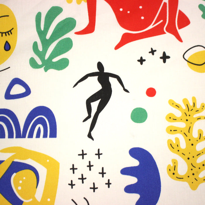 Tissu coton grande largeur 280cm, motif MATISSE très coloré, bleu, jaune, rouge, vert, fond blanc