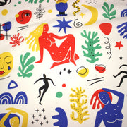 Tissu coton grande largeur 280cm, motif MATISSE très coloré, bleu, jaune, rouge, vert, fond blanc - TissusPapi.com