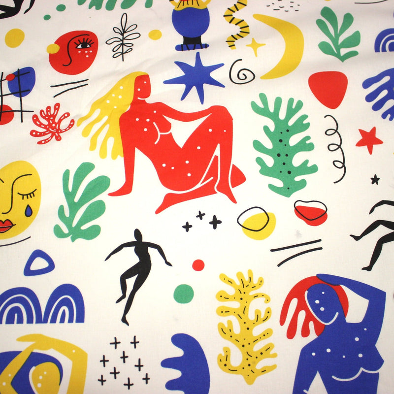Tissu coton grande largeur 280cm, motif MATISSE très coloré, bleu, jaune, rouge, vert, fond blanc - TissusPapi.com