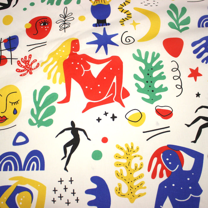 Tissu coton grande largeur 280cm, motif MATISSE très coloré, bleu, jaune, rouge, vert, fond blanc