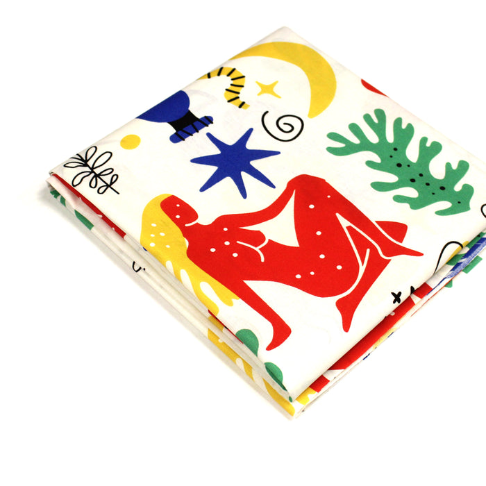 Tissu coton grande largeur 280cm, motif MATISSE très coloré, bleu, jaune, rouge, vert, fond blanc