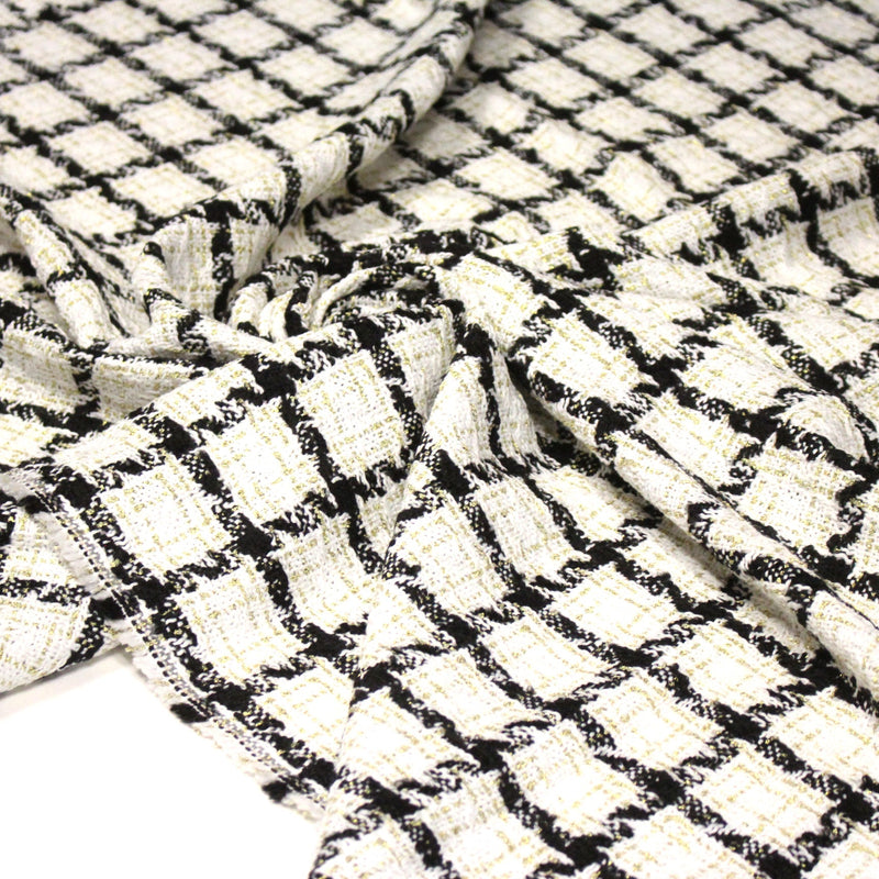 Tissu Tweed blanc cassé, liserés carreaux noirs et dorés lurex - TissusPapi.com