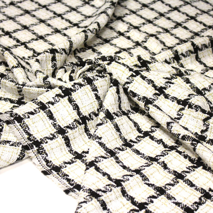 Tissu Tweed blanc cassé, liserés carreaux noirs et dorés lurex