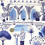 Tissu coton demi - natté TOILE DE JOUY MODERNE JARDIN MAJORELLE, tons blancs et bleus - TissusPapi.com