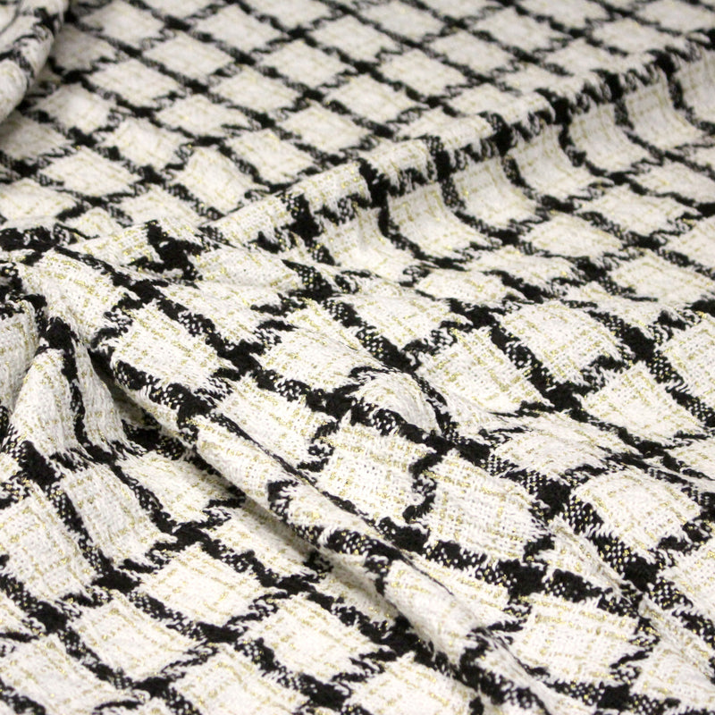 Tissu Tweed blanc cassé, liserés carreaux noirs et dorés lurex - TissusPapi.com