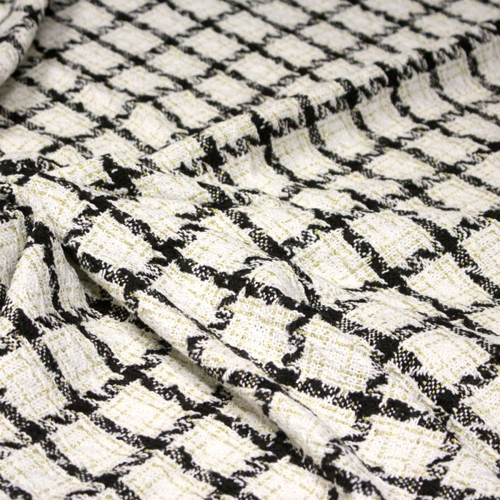 Tissu Tweed blanc cassé, liserés carreaux noirs et dorés lurex