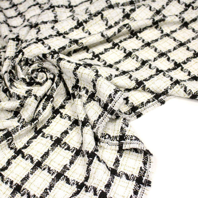 Tissu Tweed blanc cassé, liserés carreaux noirs et dorés lurex - TissusPapi.com