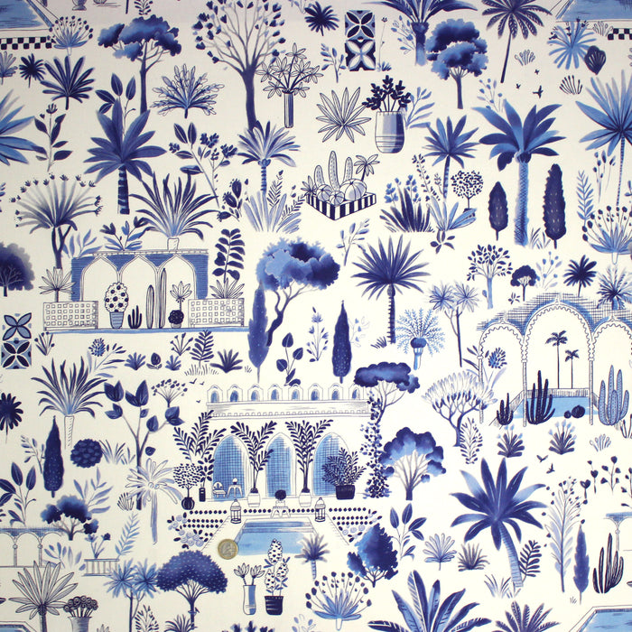 Tissu coton demi-natté TOILE DE JOUY MODERNE JARDIN MAJORELLE, tons blancs et bleus