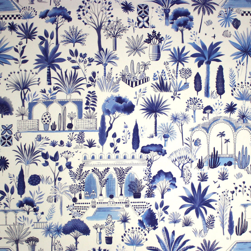 Tissu coton demi - natté TOILE DE JOUY MODERNE JARDIN MAJORELLE, tons blancs et bleus - TissusPapi.com