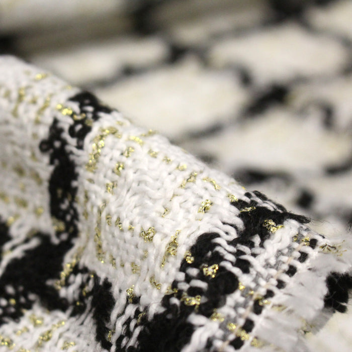 Tissu Tweed blanc cassé, liserés carreaux noirs et dorés lurex