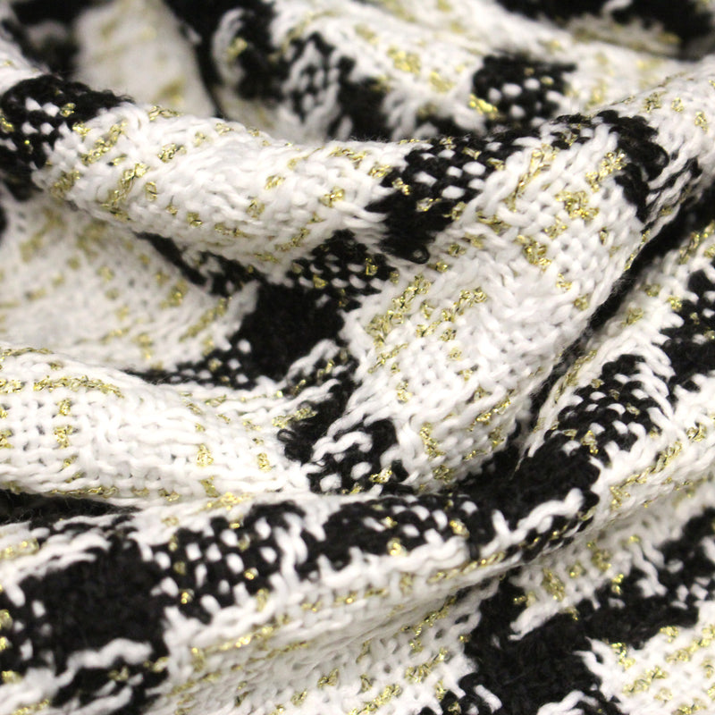 Tissu Tweed blanc cassé, liserés carreaux noirs et dorés lurex - TissusPapi.com