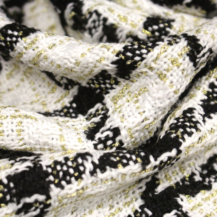 Tissu Tweed blanc cassé, liserés carreaux noirs et dorés lurex