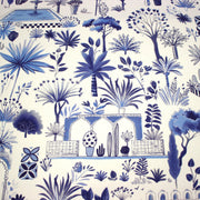 Tissu coton demi - natté TOILE DE JOUY MODERNE JARDIN MAJORELLE, tons blancs et bleus - TissusPapi.com