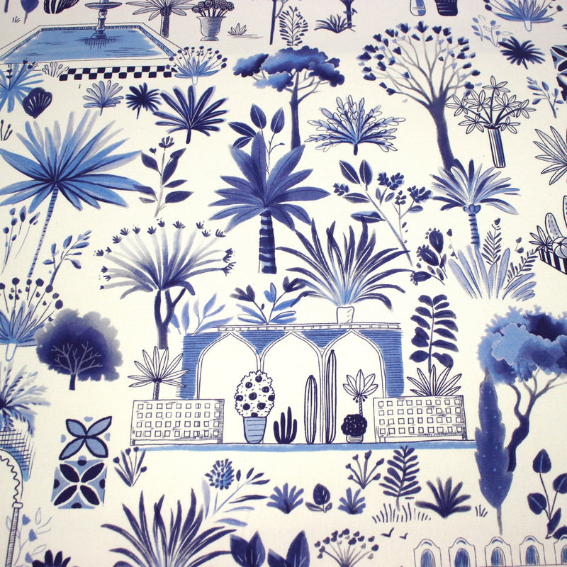 Tissu coton demi - natté TOILE DE JOUY MODERNE JARDIN MAJORELLE, tons blancs et bleus - TissusPapi.com