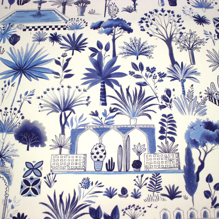 Tissu coton demi-natté TOILE DE JOUY MODERNE JARDIN MAJORELLE, tons blancs et bleus