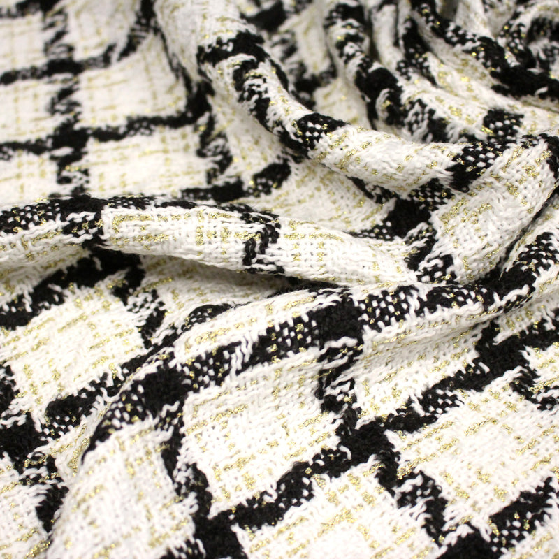 Tissu Tweed blanc cassé, liserés carreaux noirs et dorés lurex - TissusPapi.com