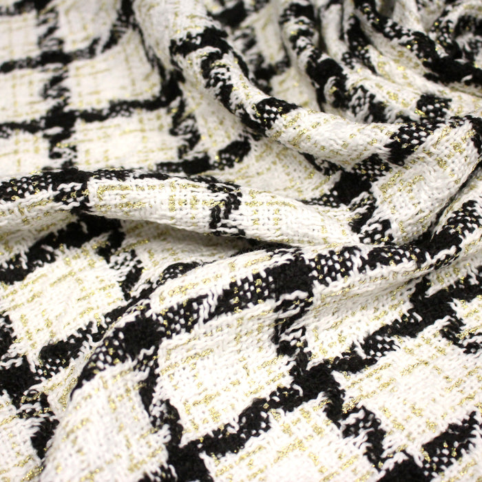 Tissu Tweed blanc cassé, liserés carreaux noirs et dorés lurex