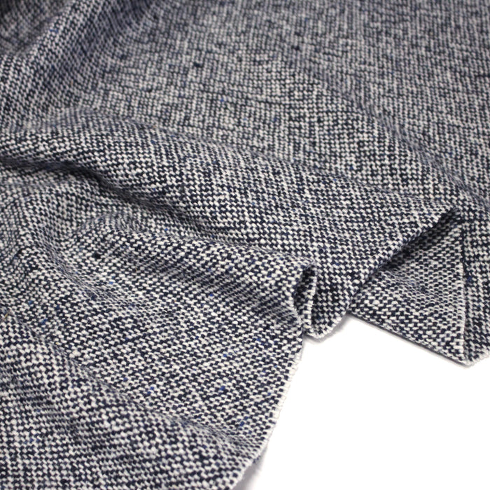 Tissu Tweed de laine faux-uni blanc cassé et bleu marine - Fabrication italienne
