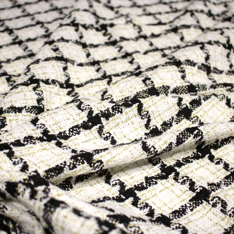 Tissu Tweed blanc cassé, liserés carreaux noirs et dorés lurex - TissusPapi.com