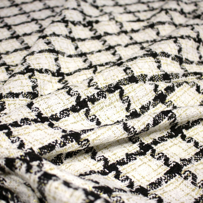 Tissu Tweed blanc cassé, liserés carreaux noirs et dorés lurex