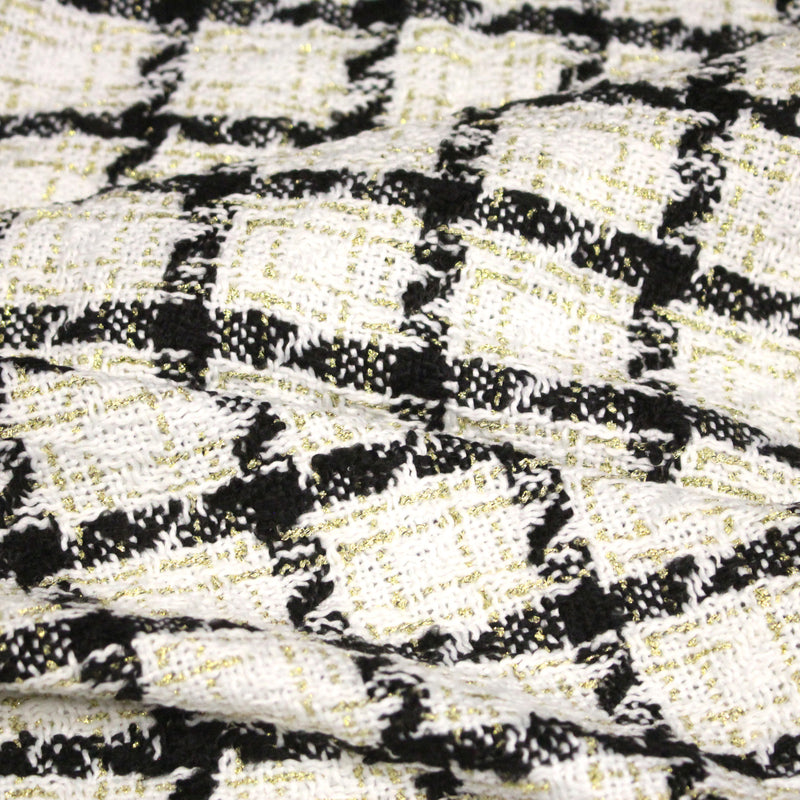 Tissu Tweed blanc cassé, liserés carreaux noirs et dorés lurex - TissusPapi.com