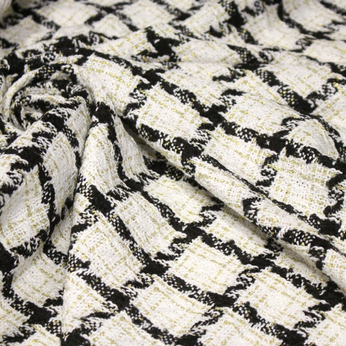 Tissu Tweed blanc cassé, liserés carreaux noirs et dorés lurex