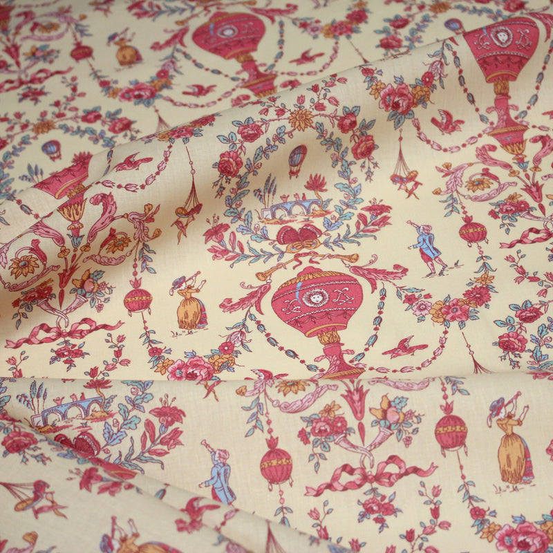 Tissu coton grande largeur 280cm TOILE DE JOUY MONTGOLFIERES jaune & rose - TissusPapi.com