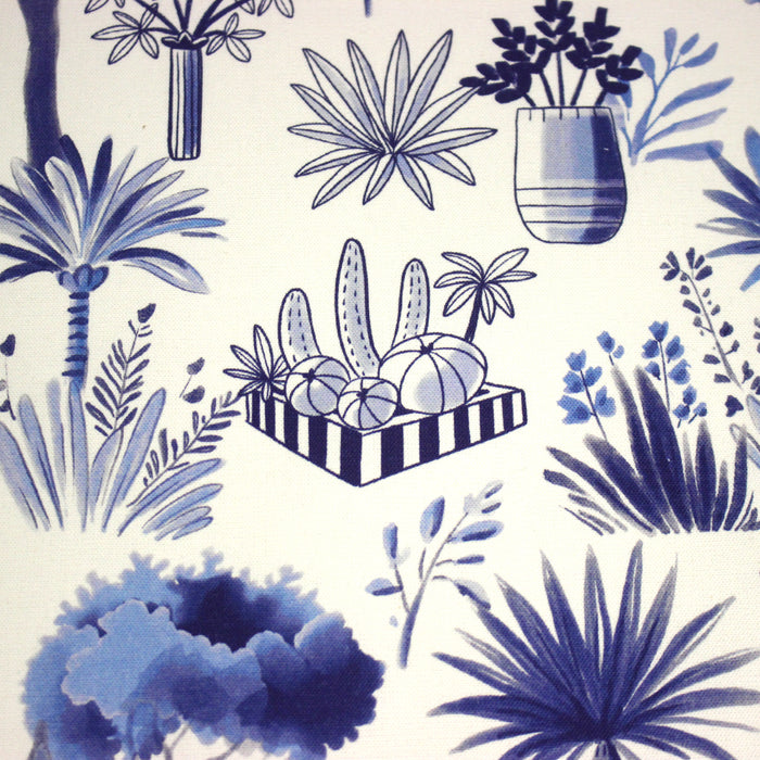 Tissu coton demi-natté TOILE DE JOUY MODERNE JARDIN MAJORELLE, tons blancs et bleus