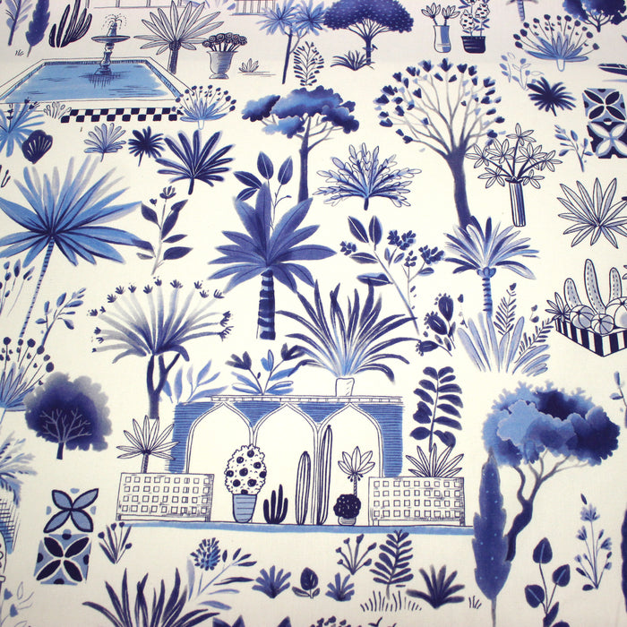Tissu coton demi-natté TOILE DE JOUY MODERNE JARDIN MAJORELLE, tons blancs et bleus