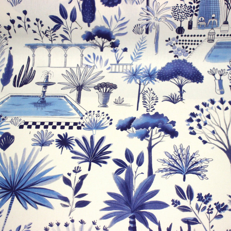 Tissu coton demi - natté TOILE DE JOUY MODERNE JARDIN MAJORELLE, tons blancs et bleus - TissusPapi.com