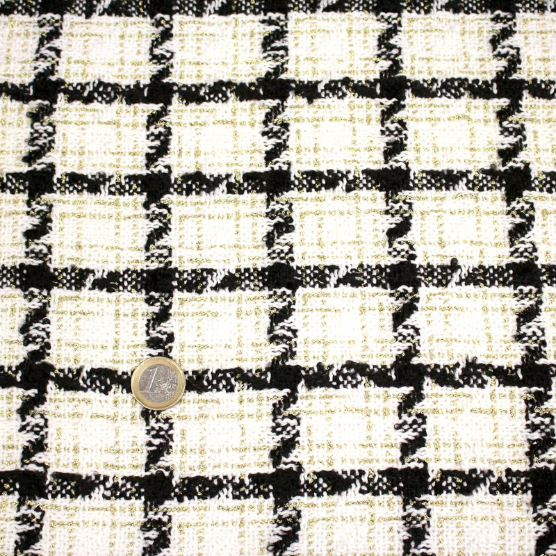 Tissu Tweed blanc cassé, liserés carreaux noirs et dorés lurex - TissusPapi.com