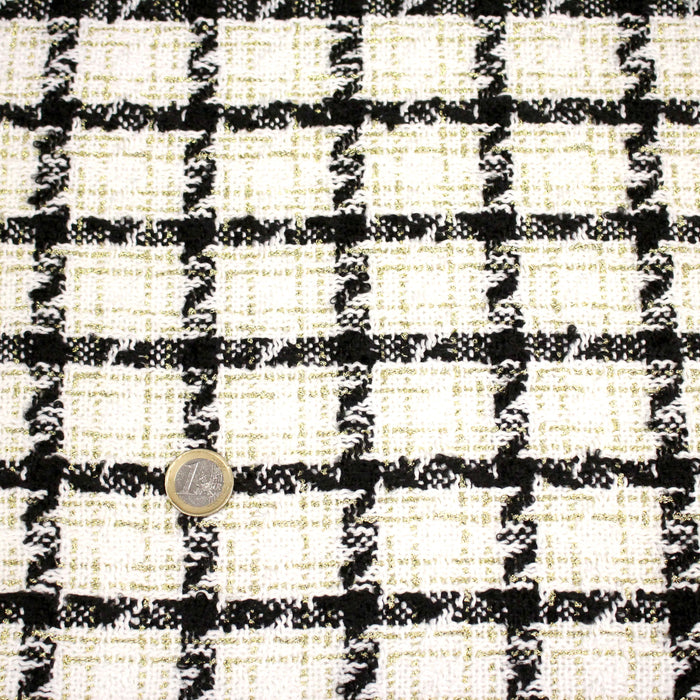 Tissu Tweed blanc cassé, liserés carreaux noirs et dorés lurex
