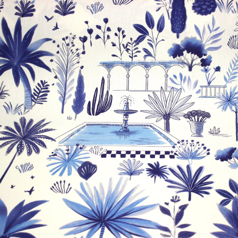 Tissu coton demi - natté TOILE DE JOUY MODERNE JARDIN MAJORELLE, tons blancs et bleus - TissusPapi.com