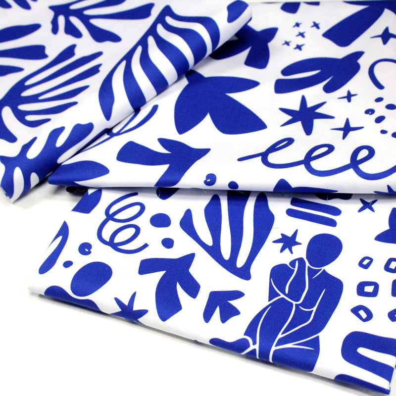 Tissu gabardine imprimée SILHOUETTE : trois motifs bleus et blancs - OEKO - TEX STANDARD 100 - TissusPapi.com