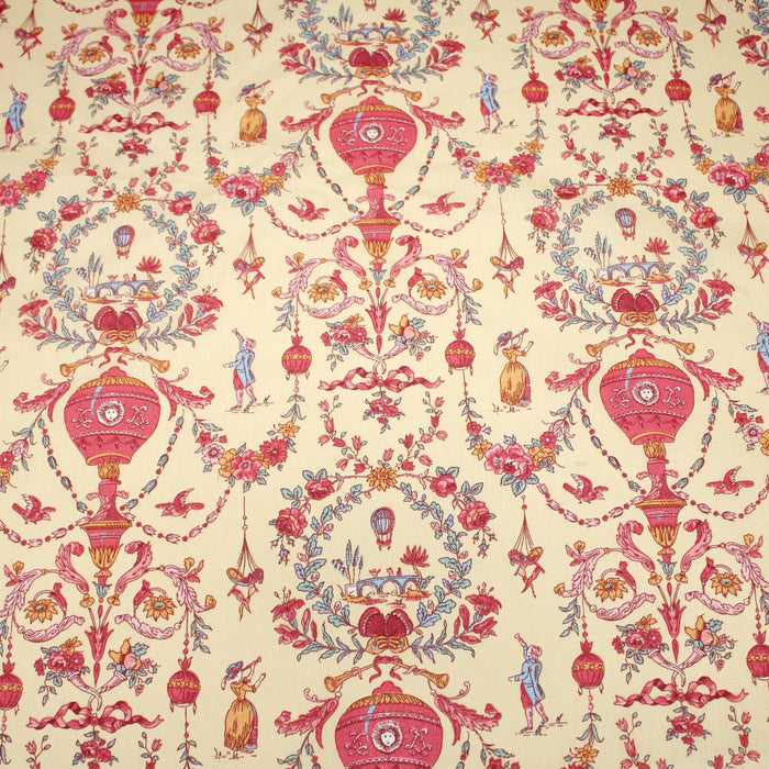 Tissu coton grande largeur 280cm TOILE DE JOUY MONTGOLFIERES jaune & rose - TissusPapi.com