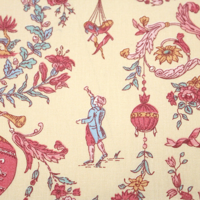 Tissu coton grande largeur 280cm TOILE DE JOUY MONTGOLFIERES jaune & rose - TissusPapi.com