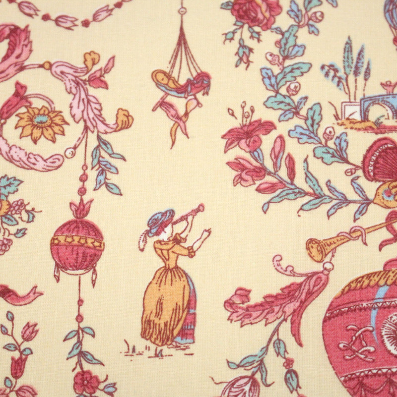 Tissu coton grande largeur 280cm TOILE DE JOUY MONTGOLFIERES jaune & rose - TissusPapi.com
