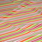Tissu Bayadère de coton aux rayures oranges, rouges et roses, fond blanc - TissusPapi.com