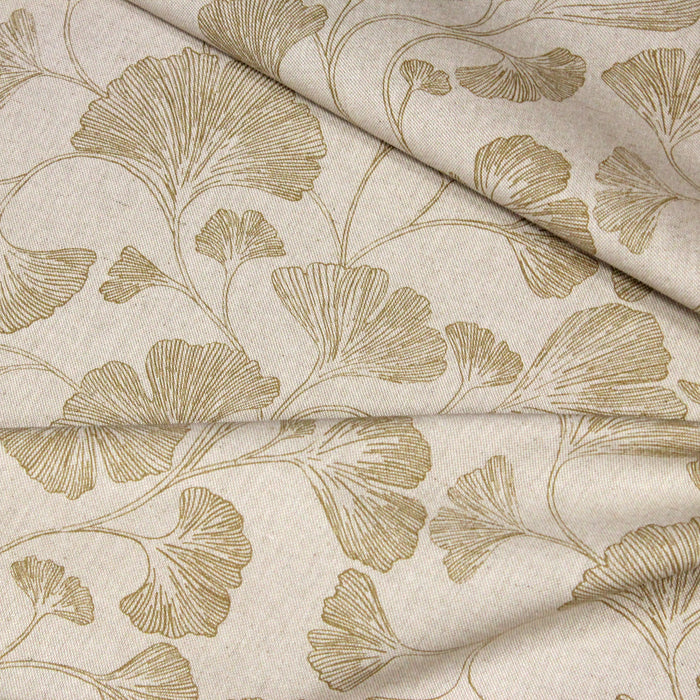 Tissu de coton façon lin motif traditionnel japonais aux feuilles de ginkgo jaune moutarde sur fond lin - OEKO-TEX