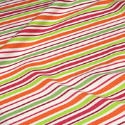 Tissu Bayadère de coton aux rayures oranges, rouges et roses, fond blanc - TissusPapi.com