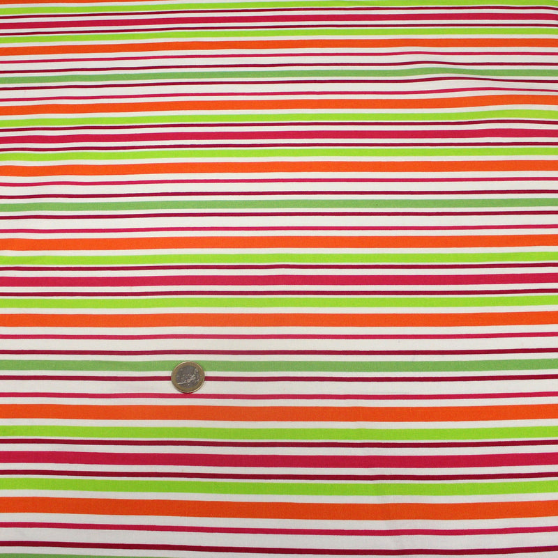 Tissu Bayadère de coton aux rayures oranges, rouges et roses, fond blanc - TissusPapi.com