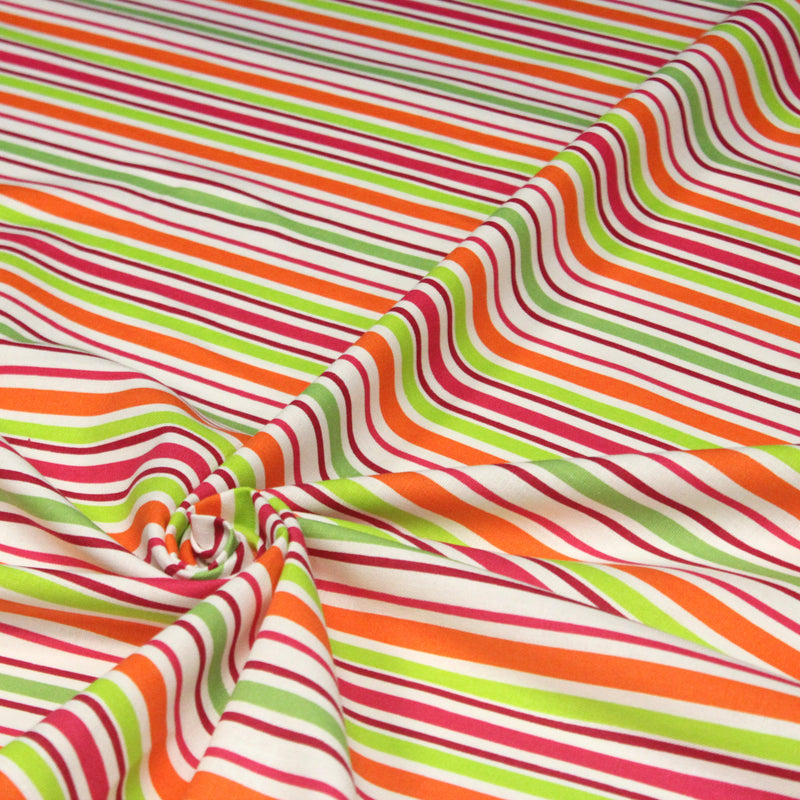 Tissu Bayadère de coton aux rayures oranges, rouges et roses, fond blanc - TissusPapi.com