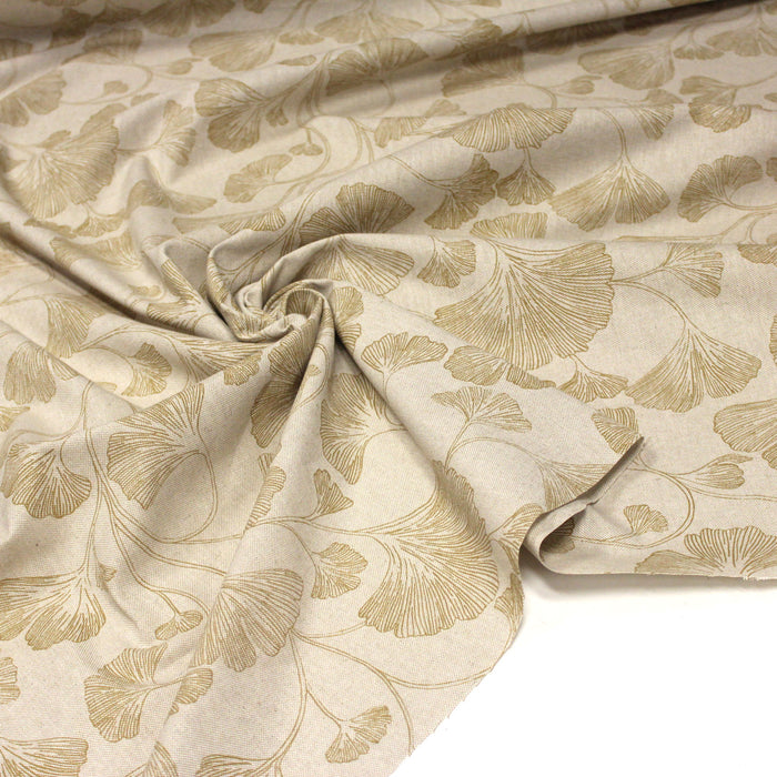 Tissu de coton façon lin motif traditionnel japonais aux feuilles de ginkgo jaune moutarde sur fond lin - OEKO-TEX