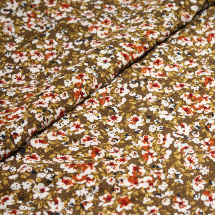 Tissu Viscose crêpe ocre fleuri blanc rouille noir - TissusPapi.com