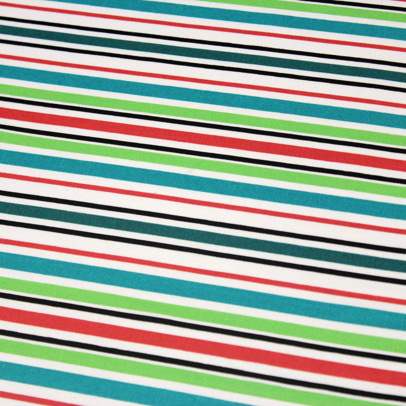 Tissu Bayadère de coton aux rayures vertes, rouges et noires, fond blanc - TissusPapi.com